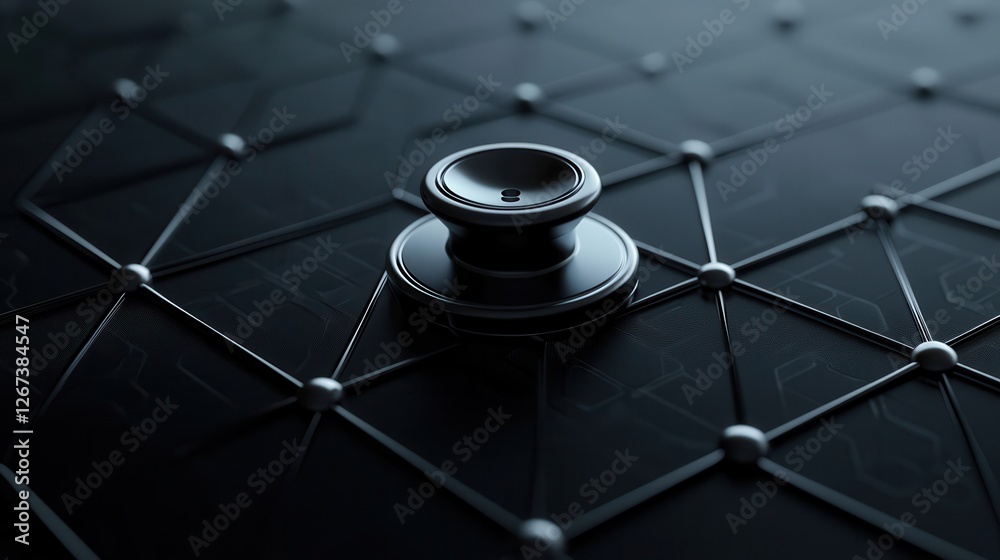 Aufkleber Stethoscope rests on a digital health chart concept. A close-up view of a metallic object resting on a textured black surface with a geometric pattern, highlighting depth and detail.