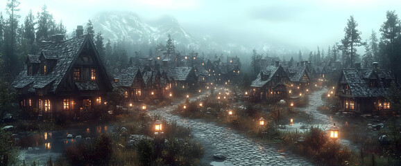 Snowy Village In A Forest At Night