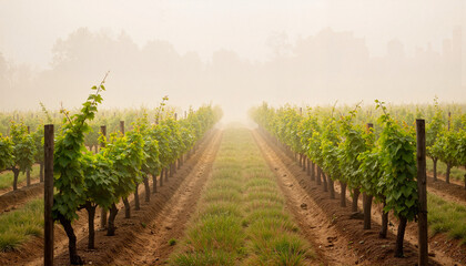 Naklejka premium Vineyard walk in misty morning with lush green vines and tranquil scenery