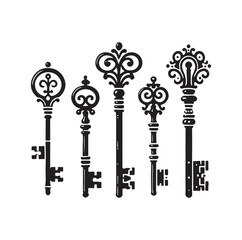 Antique key silhouettes Medieval and modern keys silhouette vector illustration
