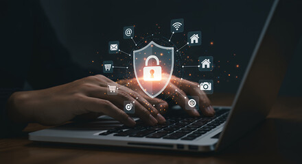 Cybersecurity Protection: Secure Online Data & Privacy | Laptop, Shield, Lock, & Internet Security Symbols