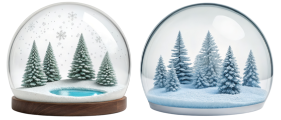 Two snow globes with winter scenes isolated with transparent background