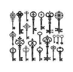 Antique key silhouettes Medieval and modern keys silhouette vector illustration