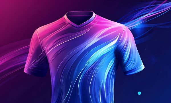 Neon sports shirt design, cosmic background, template