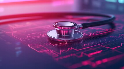 A stethoscope rests on a digital display, showcasing vibrant colors and a heartbeat graph, symbolizing modern healthcare technology.