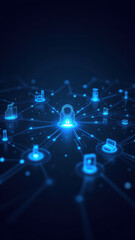 Obraz premium This image showcases a vibrant depiction of cybersecurity with interconnected nodes and a central lock symbolizing data protection.