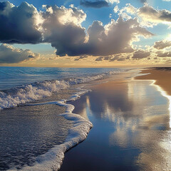 Naklejka premium A beach where waves have a metallic shimmer and sand reflects like a mirror