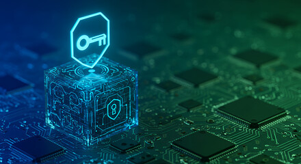 ** Digital Security: Key to Encryption Cube on Circuit Board. Cyber Safety, Data Protection & Tech Innovation Visual