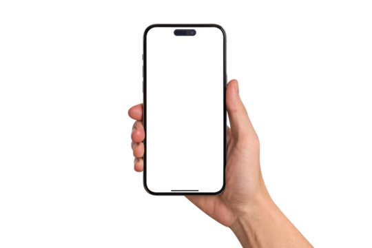 Beautiful hand holding smartphone with blank screen. Advertising, business, finance and technology concept.