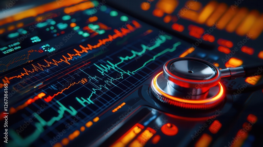 Aufkleber A close-up view of a stethoscope on a digital health monitor displaying vibrant, colorful readings and data visualizations.