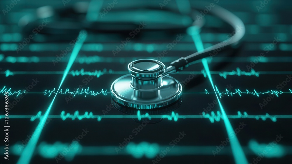 Aufkleber a stethoscope rests on a digital heart monitor, showcasing vibrant green waveforms that symbolize he