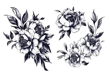 Fototapeta premium Elegant Black and White Floral Line Art – Hand-Drawn Peony Flowers, Botanical Ink Sketch, Vintage Floral Illustration, Tattoo Design, and Coloring Page