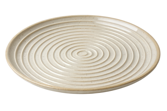 Beige round plate with concentric circles isolated with transparent background