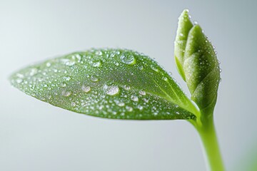 Fototapeta premium Macro photograph of a vibrant green sprout with water droplets, showcasing the beauty and resilience of new life against a soft background.