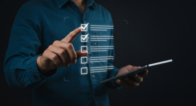 ** Digital Checklist: Man Completing Tasks on Tablet. Efficient Workflow, Productivity & Compliance Concept.