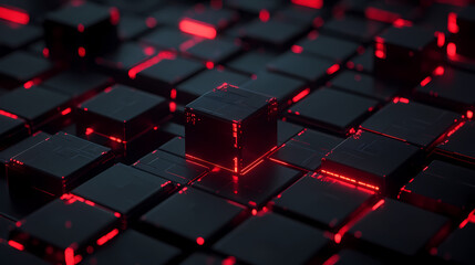 Obraz premium Futuristic Scene: Black Blocks & Red-Lit Cube
