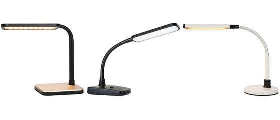 Three LED desk lamps isolated with transparent background