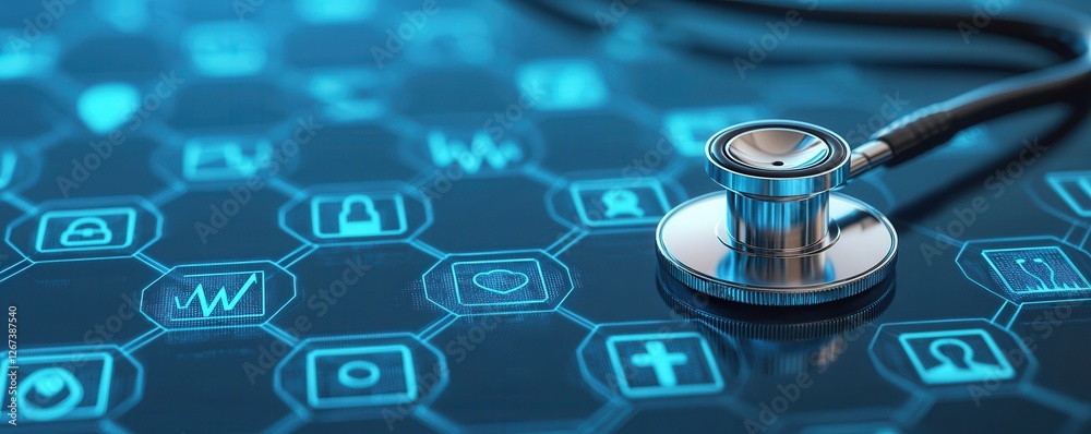Poster a stethoscope rests on a digital interface filled with various health-related icons, symbolizing the