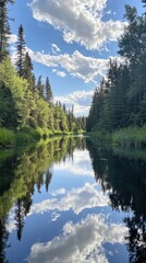 Mirror Lake Reflections, Tranquil Forest Stream Under a Cloudy Sky