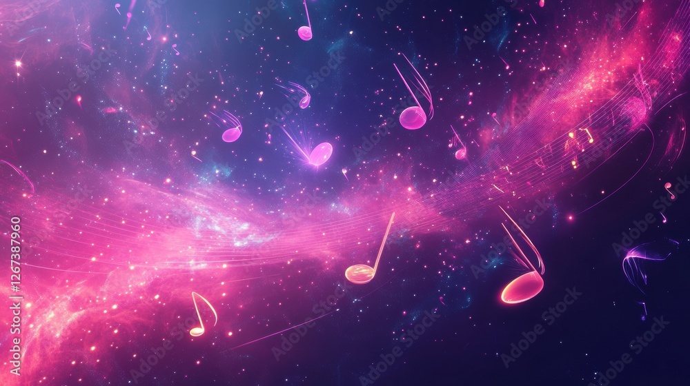 Poster colorful musical notes floating through a vibrant cosmic space with various celestial elements. gene