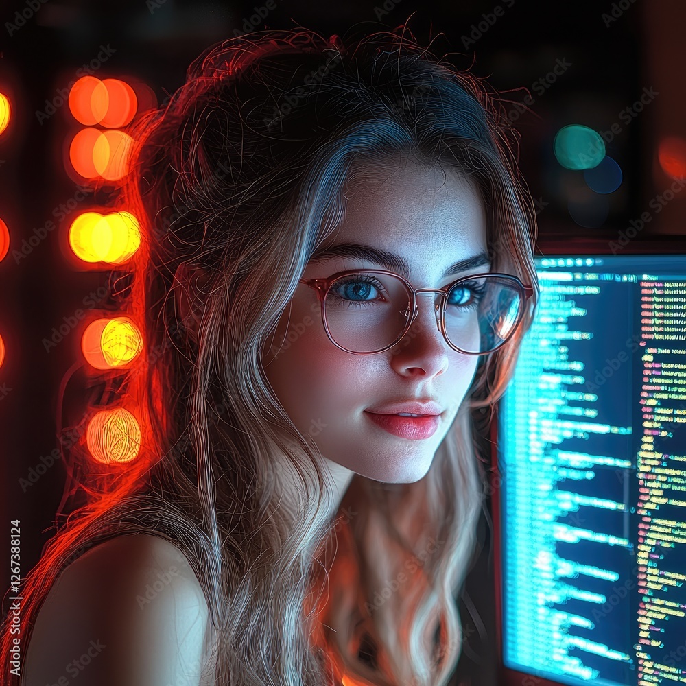 Poster a 19-year-old woman with long, and is writing code on computer.