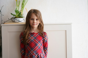 Little beautiful girl with long hair in a checkered dress against the background of a large light...