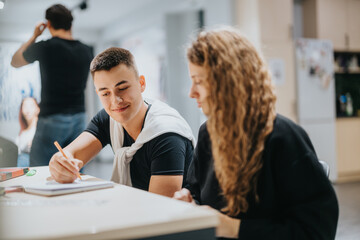Two engaged students working together on an assignment, fostering teamwork and learning in a contemporary classroom environment. Bright and friendly atmosphere emphasizing collaboration and education.