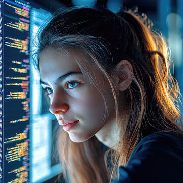 A 19-year-old woman with long, and is writing code on computer.
