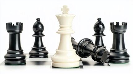 White chess queen victorious over fallen black king, surrounded by black rooks and bishops on a chessboard.
