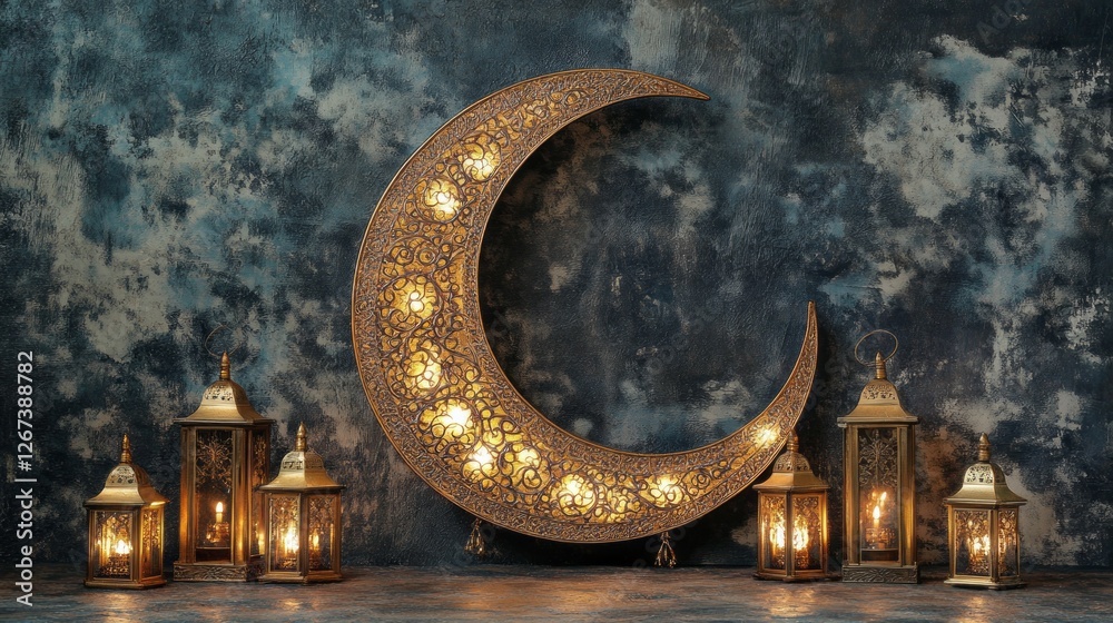 Poster a beautifully crafted gold crescent moon, adorned with intricate patterns, shines softly next to sev