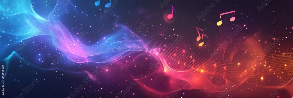 Poster colorful music notes float through a cosmic background with waves of vibrant light in a blend of blu