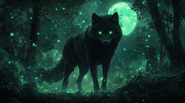 a black wolf with green glowing eyes and long tail in the night forest, full body shot, fantasy anime art style, anime background.