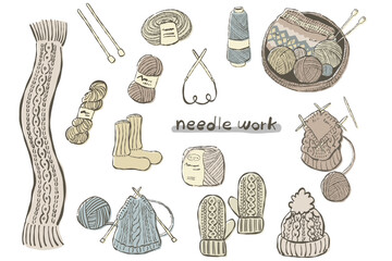 手描きシンプルな編み物イメージのイラストのセット