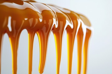 A visually compelling close-up of golden caramel sauce cascading down, highlighting its rich color, smooth texture, and enticing sweetness on a soft background.