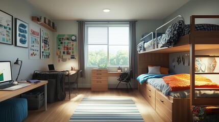Bedroom with desk and bunk beds. A simple and bright striped shirt with a t-shirt. Dormitory room for students. A sleeping area that includes a desk and bunk beds lifestyle.