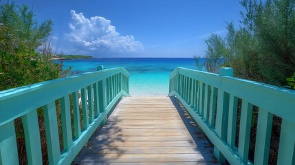 Obraz premium A blue and white wooden bridge leads to a beach