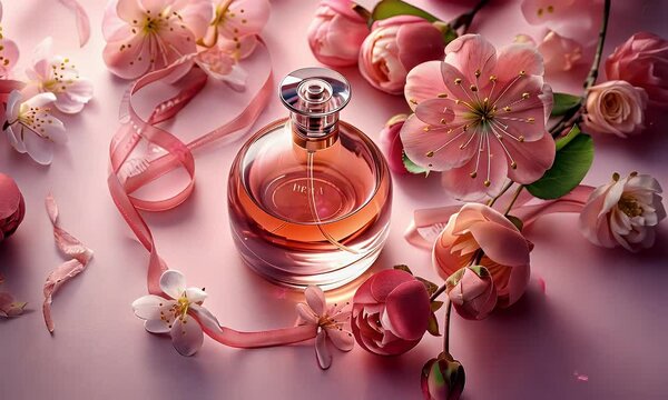 Pink perfume bottle spring blossoms ribbon background