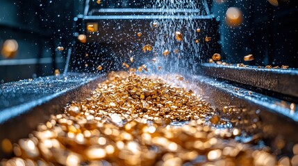 Gold nuggets being washed and processed in a mining facility