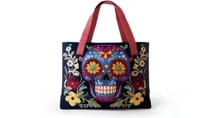Black Tote Bag with Colorful Skull and Floral Embroidery on White Background