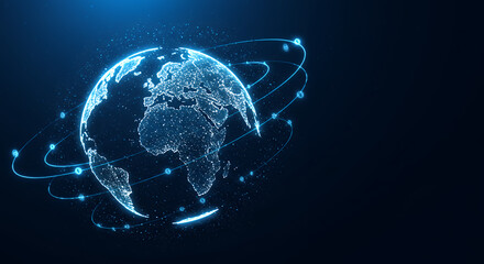 Obraz premium Digital Earth: Global Network Connection, Futuristic World Globe, Technology Planet, Data Communication, Internet, Worldwide Network, Business