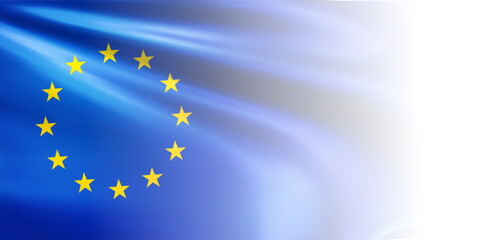 Realistic wavy European Union flag with blurred edge isolated on white background. Yellow EU stars in circle on blue flag. 3d vector illustration