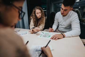 Naklejka premium Students are engaging in a collaborative art project in a classroom setting, focusing thoughtfully on their creative work.