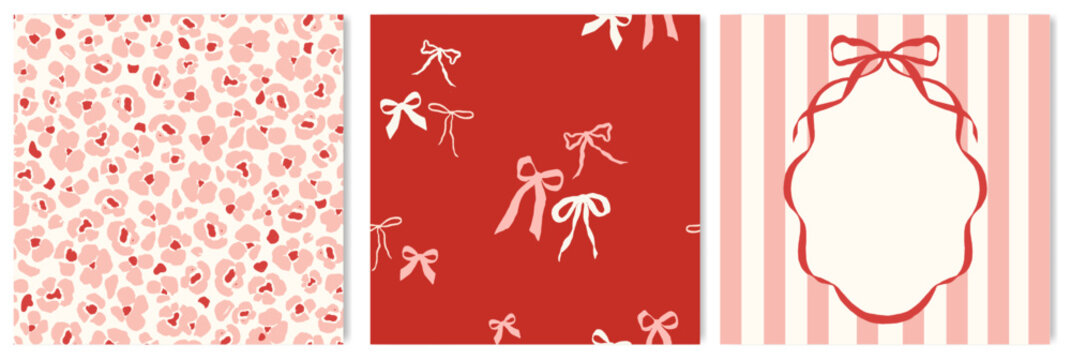 Set of cute seamless patterns of multicolored bows, leopard abstract print on a light background. Mediterranean naive illustration set, frame with lemons and ribbon