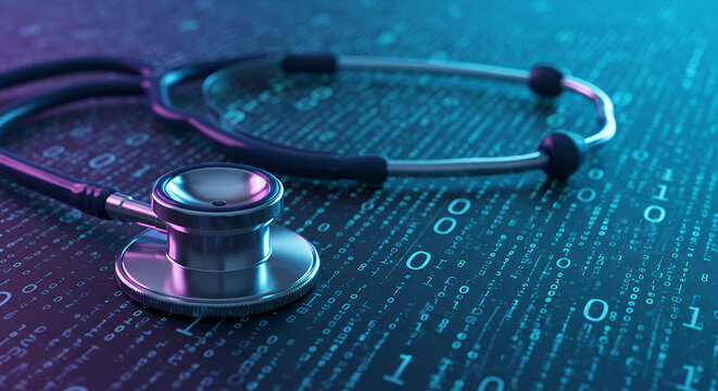 Digital Health: Stethoscope on Tech Background - AI, Data & Healthcare Innovation - Powered by Adobe