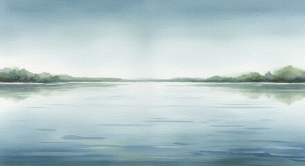 Fototapeta premium Serene Watercolor Landscape Tranquil Lake with Distant Trees and Calm Water