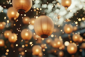 Fototapeta premium A stunning scene featuring hanging paper lanterns illuminated against a dreamy background of soft, glowing bokeh lights.