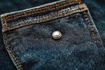 A close-up showcasing the intricate details of a blue denim pocket with orange stitching and a metallic button, emphasizing the texture and craftsmanship of jeanswear.