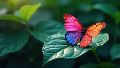 Gradient colored butterflies on a leaf, leaf, gradient, butterflies