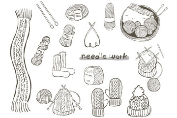 手描きシンプルな編み物イメージのイラストのセット　線画