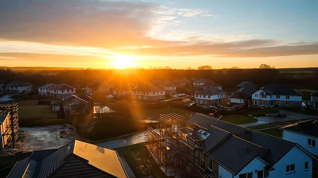 A drone shot of a housing project at sunrise, capturing the first light illuminating newly constructed rooftops and scaffolding.